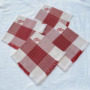 Vintage Napkins With Red Stripes And Fringes, Embroidered With "cg"