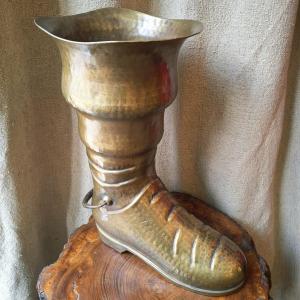 Umbrella Stand Or Cane Holder Shaped Like A Boot, Made Of Hammered Brass, 20th Century