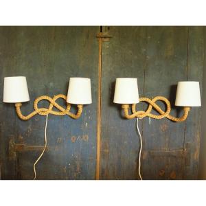 Pair Of Wall Lights By Audoux Minet In Rope Circa 1950