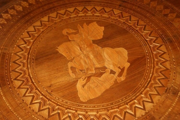 1800s Sorrento San Giorgio And Drago Table In Richly Inlaid Walnut-photo-2
