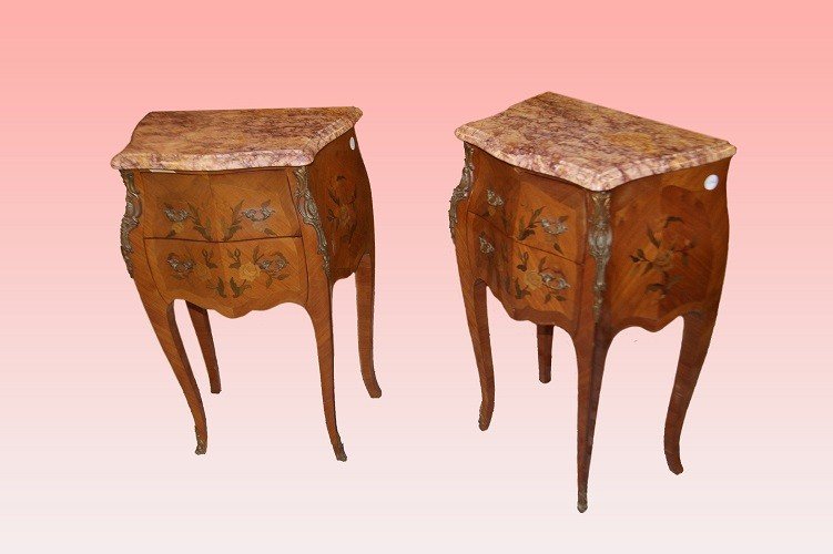 Pair Of Splendid Large XIXth Bedside Tables In Louis XV Style In Marquetry