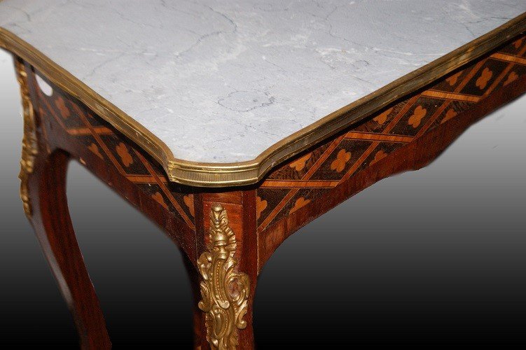 Stunning French Table From The 1800s In The Louis XV Style With Marble, Bronzes And Inlay-photo-3