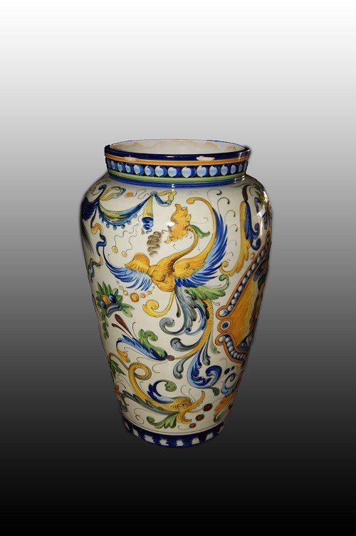 Italian Vase From The Early 1900s In Neo-renaissance Style Majolica With Rich Decorations-photo-3