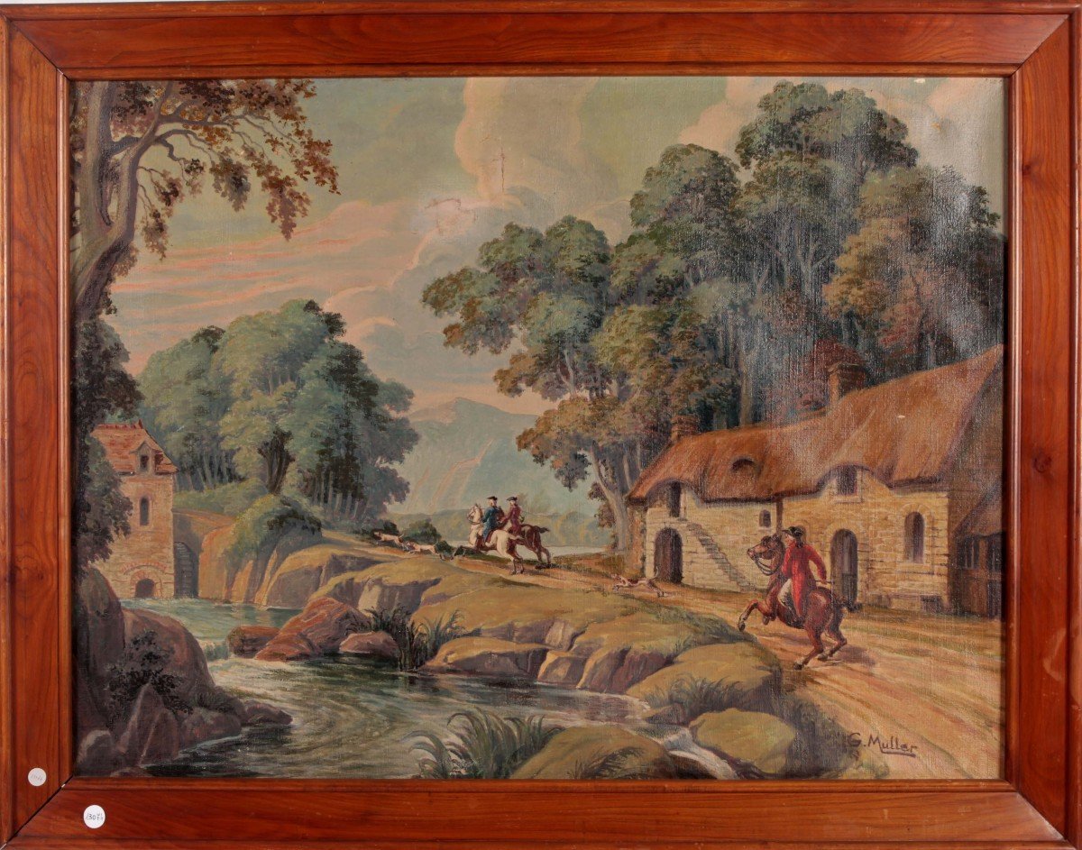 Grand Tableau Français De Jus d'Herbe Avec Scène De Chasse Des Années 1800