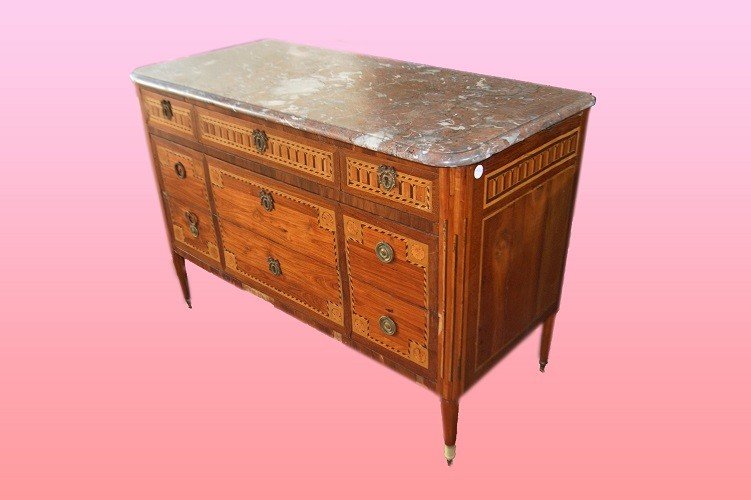 Beautiful Louis XVI Style Chest Of Drawers From The Late 1700s And Early 1800s, Richly Inlaid-photo-2