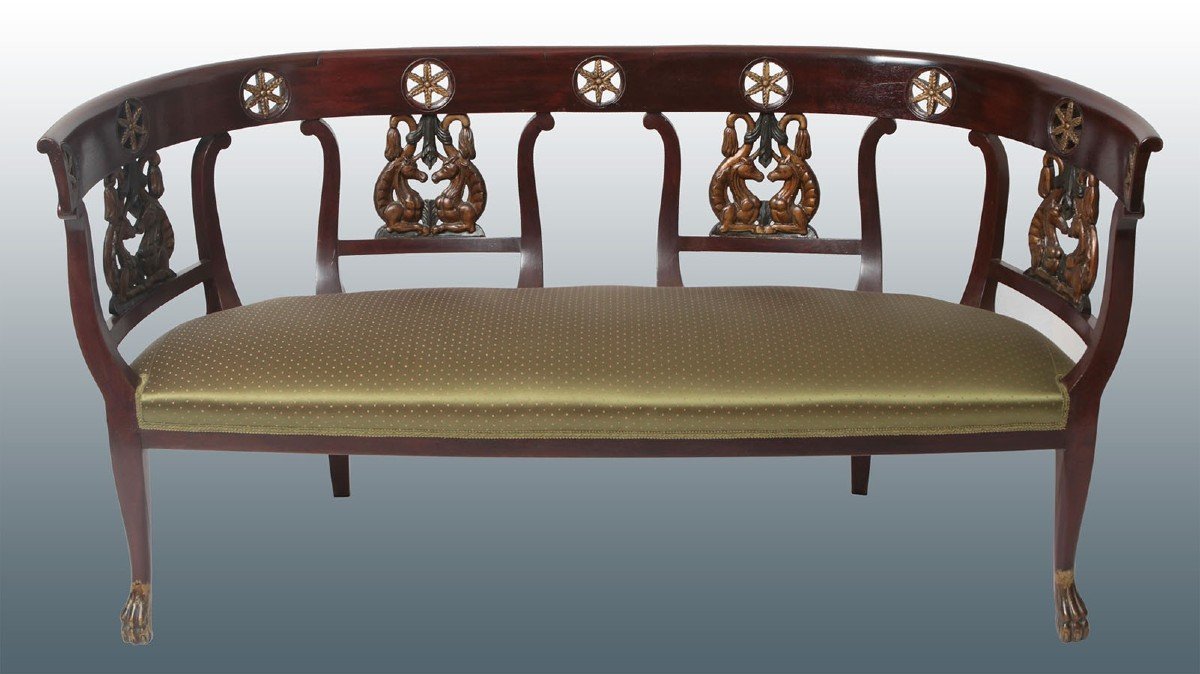 Italian Sofa, Genoa, Empire Style Early 1800s, In Mahogany Wood. It Features Perforated Wood 