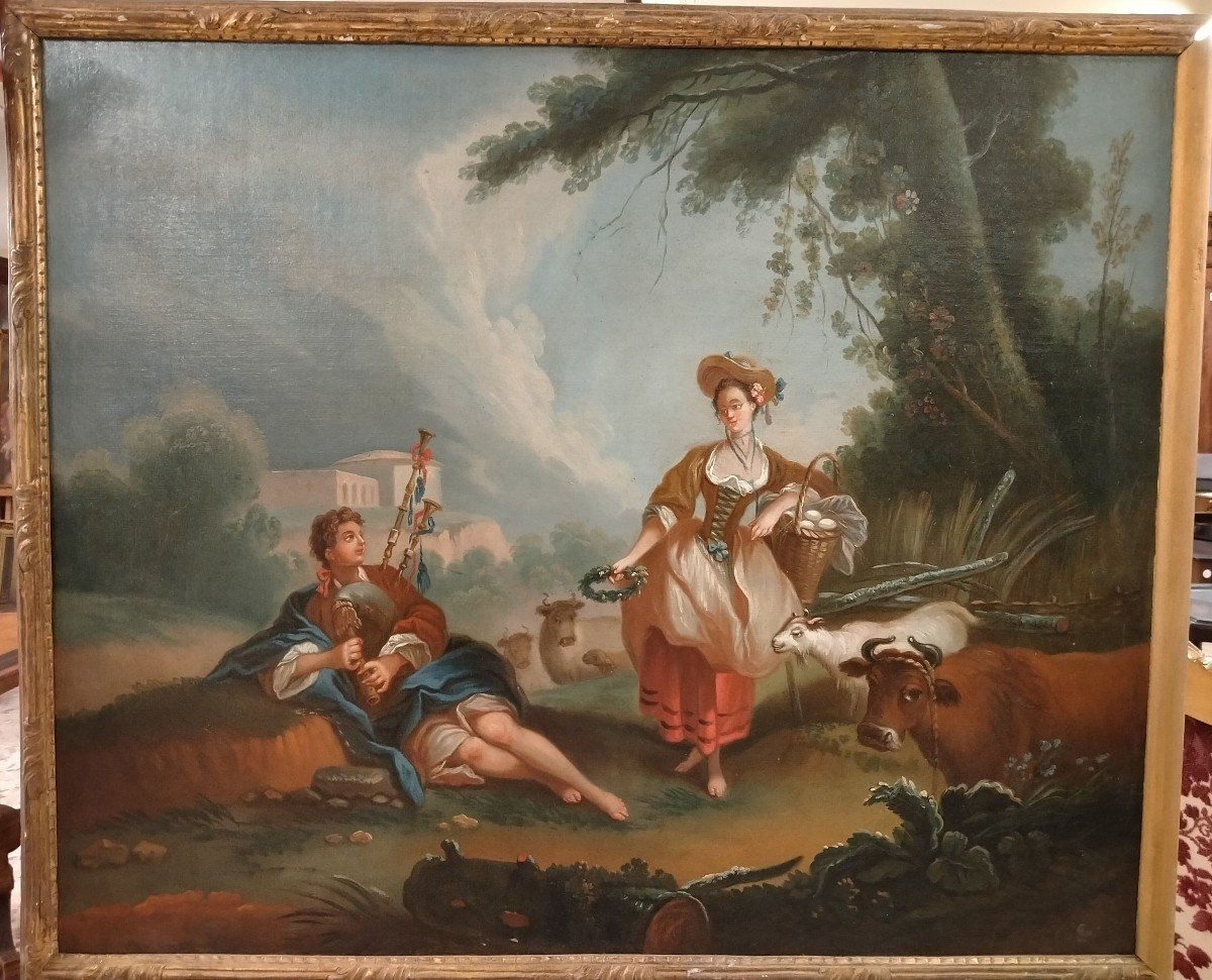 Oil On Canvas Depicting A Couple Of Characters With Animals