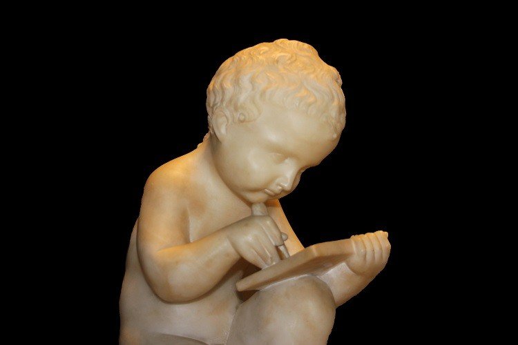 Sculpture Française En Marbre Du XIXe Siècle Représentant Un Putto Hommage à Antonio Canova-photo-2