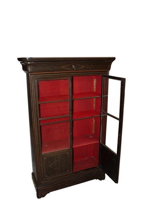 French Bookcase Display Cabinet From The 1800s, In Carlo X Style, Made Of Ebony Wood With Inlay-photo-2