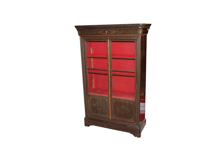 French Bookcase Display Cabinet From The 1800s, In Carlo X Style, Made Of Ebony Wood With Inlay