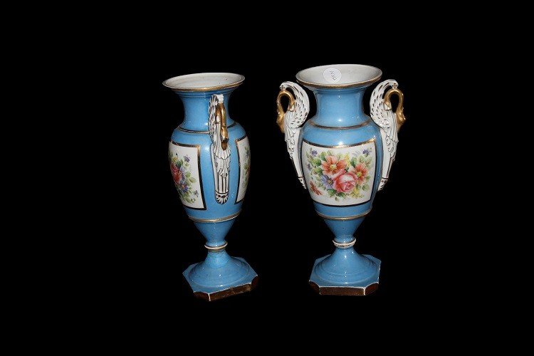 Paire De Petits Vases Français En Porcelaine De La Vieille-paris Du XIXe Siècle couleur bleue-photo-2