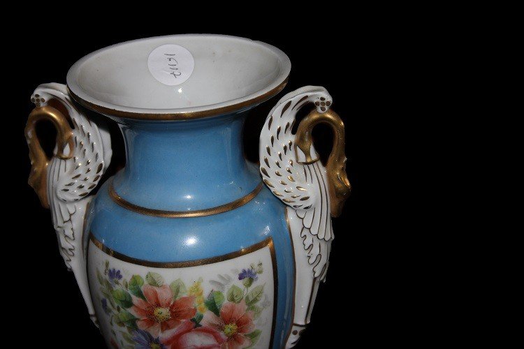 Paire De Petits Vases Français En Porcelaine De La Vieille-paris Du XIXe Siècle couleur bleue-photo-3