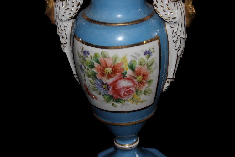 Paire De Petits Vases Français En Porcelaine De La Vieille-paris Du XIXe Siècle couleur bleue-photo-4