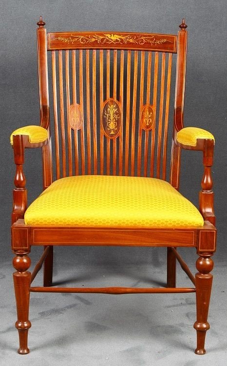 English Armchair From The Mid-1800s, In Victorian Style, In Mahogany Wood. It Features An Inlay