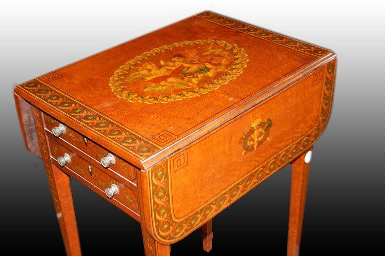 Sheraton-style English Flip-top Table From The 1800s With Paintings-photo-3