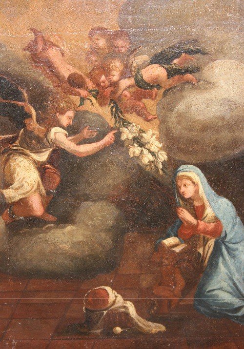 Italian Oil On Canvas From The Early 18th Century Depicting The Annunciation Of The Virgin Mary-photo-2