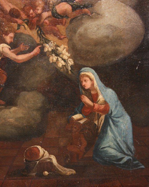 Huile Sur Toile Italienne Du Début Du XVIIIe Siècle Représentant l'Annonciation Vierge Marie-photo-3