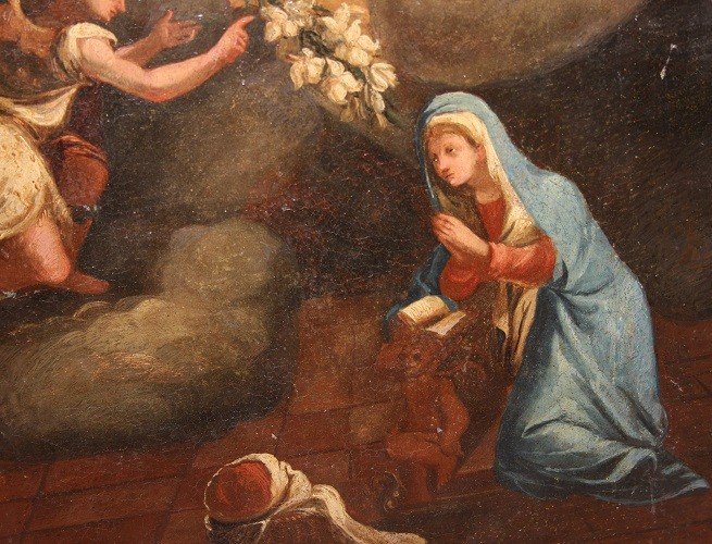 Huile Sur Toile Italienne Du Début Du XVIIIe Siècle Représentant l'Annonciation Vierge Marie-photo-2