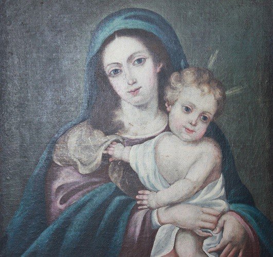 Huile Sur Toile Espagnole Du Début Des Années 1800 Représentant La Vierge à l'Enfant Jésus-photo-3