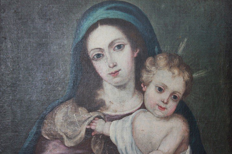 Huile Sur Toile Espagnole Du Début Des Années 1800 Représentant La Vierge à l'Enfant Jésus-photo-4