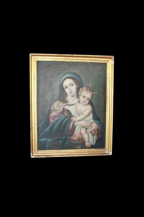 Huile Sur Toile Espagnole Du Début Des Années 1800 Représentant La Vierge à l'Enfant Jésus