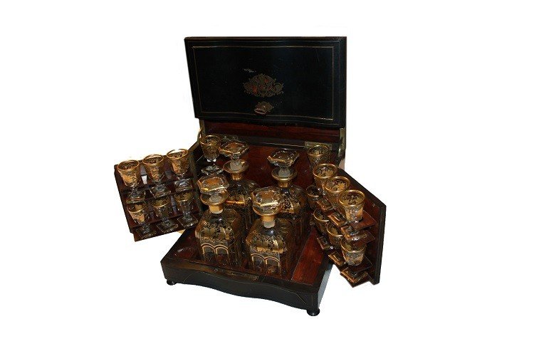 French Boulle-style Liquor Box From The Second Half Of The 19th Century In Ebonized Wood-photo-4