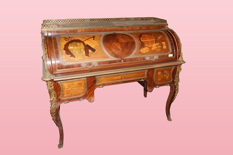 Large Louis XV Desk On Wheels Richly Inlaid From The Early 1800s