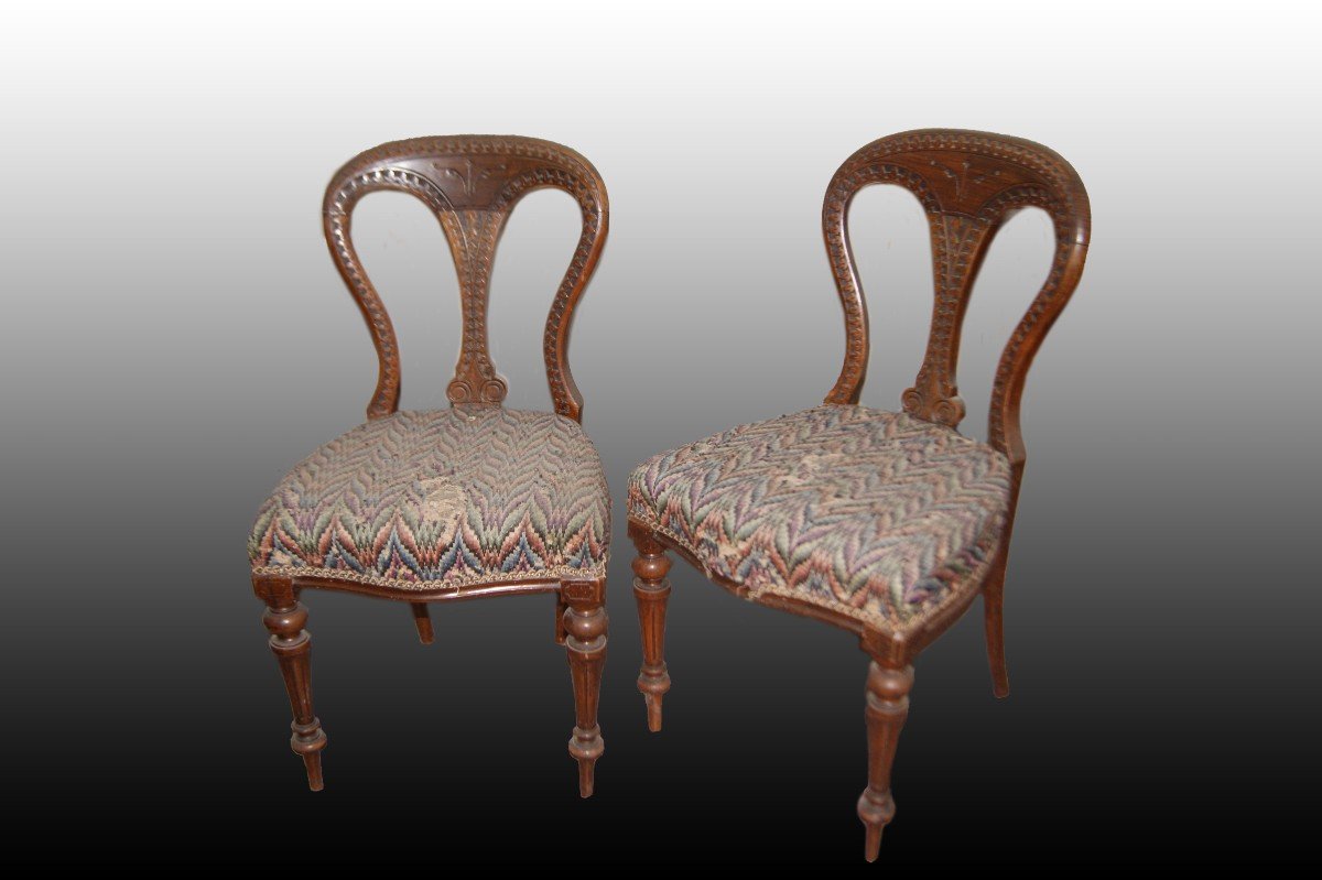 Group Of 6 Irish Chairs From The 1800s In Oriental Style, Made Of Walnut Wood