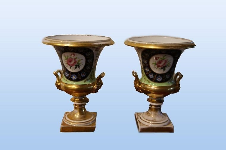 Pair Of French Porcelain Crater Vases From The Second Half Of The 1800s