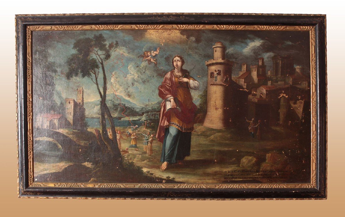 Large Oil Painting On Canvas From 1700 Representing Santa Barbarian Sacred Subject