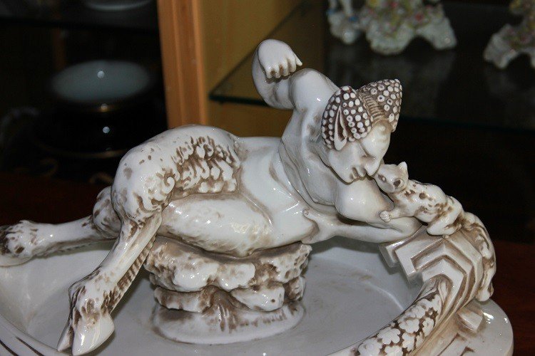 Large French 19th-century Centerpiece In White Porcelain With A Sculpture Of A Faun-photo-2