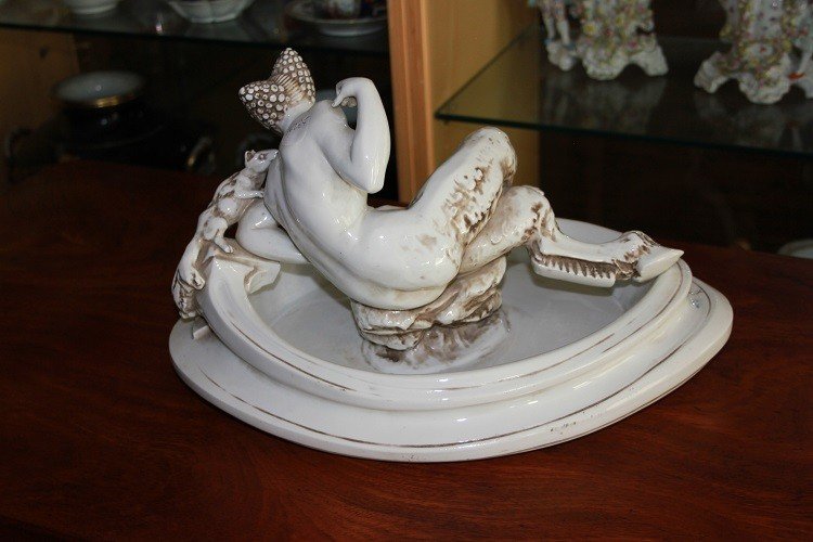 Large French 19th-century Centerpiece In White Porcelain With A Sculpture Of A Faun-photo-1