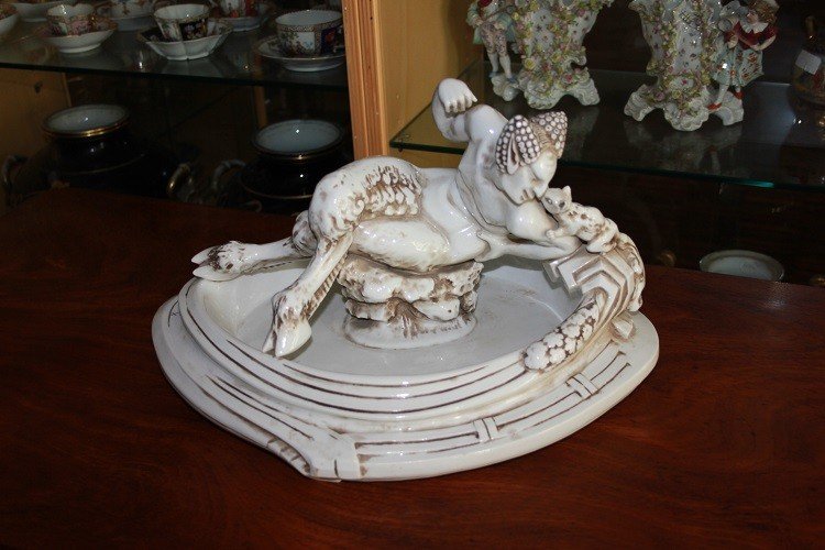 Large French 19th-century Centerpiece In White Porcelain With A Sculpture Of A Faun