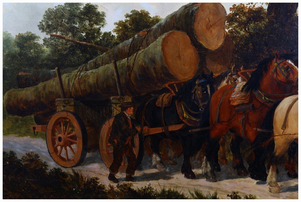 Grande Peinture à l'Huile Sur Toile Des Années 1800 Représentant Un Char Tiré Par Des Chevaux-photo-2