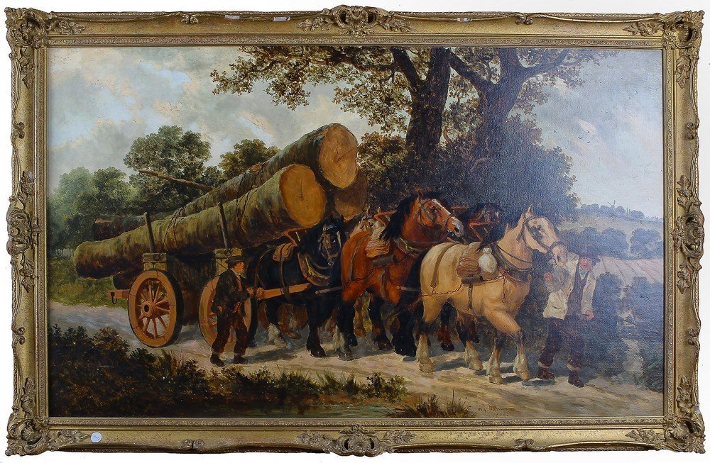 Grande Peinture à l'Huile Sur Toile Des Années 1800 Représentant Un Char Tiré Par Des Chevaux