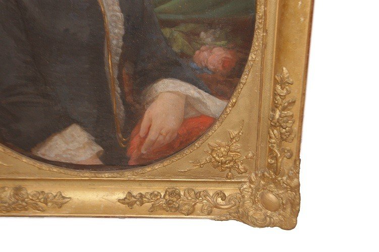Huile Sur Toile Française Du XIXe Siècle, Portrait d'Une Dame Noble Avec Un Cadre Doré-photo-4