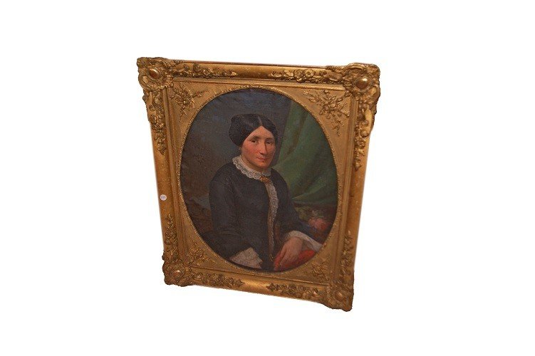 Huile Sur Toile Française Du XIXe Siècle, Portrait d'Une Dame Noble Avec Un Cadre Doré