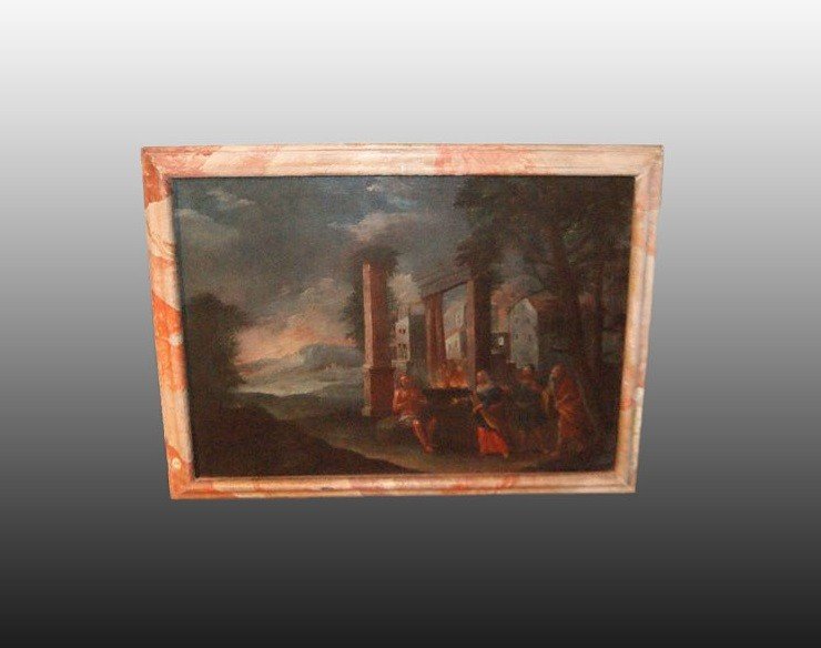 Italian Oil On Canvas From The 18th Century Depicting A Biblical Scene. It Portrays Characters 