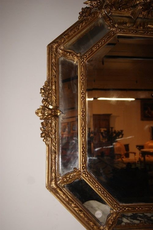 Superbe Miroir Français Octogonal De Style Louis XV De 1800 Doré à La Feuille d'Or-photo-3