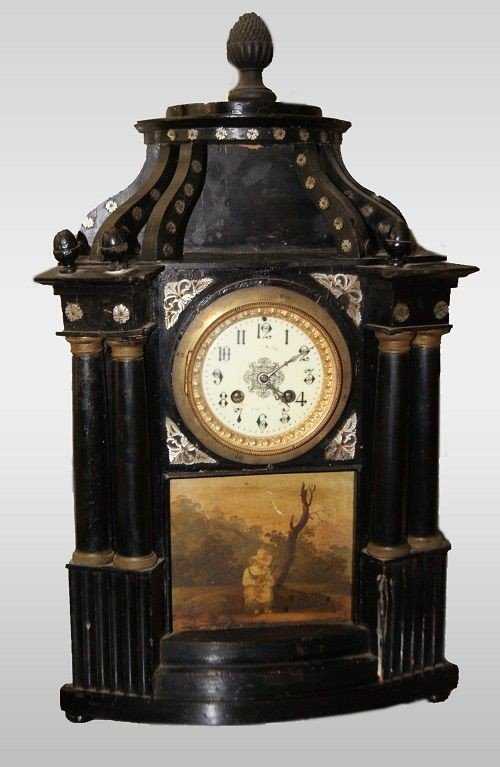 Italian Tabletop Clock From The Early 1800s In Ebonized Wood With Mother-of-pearl Inlays And A 