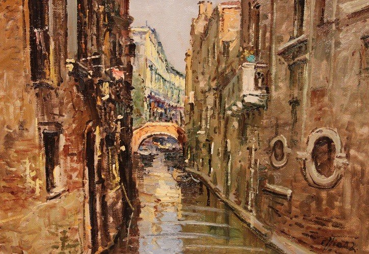 Huile Sur Toile Italienne Du XXe Siècle Représentant Une Vue De Venise. Signée-photo-2