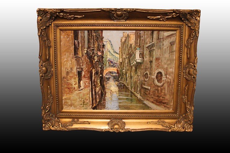 Huile Sur Toile Italienne Du XXe Siècle Représentant Une Vue De Venise. Signée