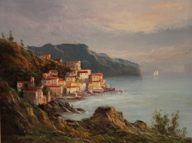 Italian Oil On Canvas From The Mid-20th Century Depicting The Amalfi Coast. Coastal Landscape -photo-2