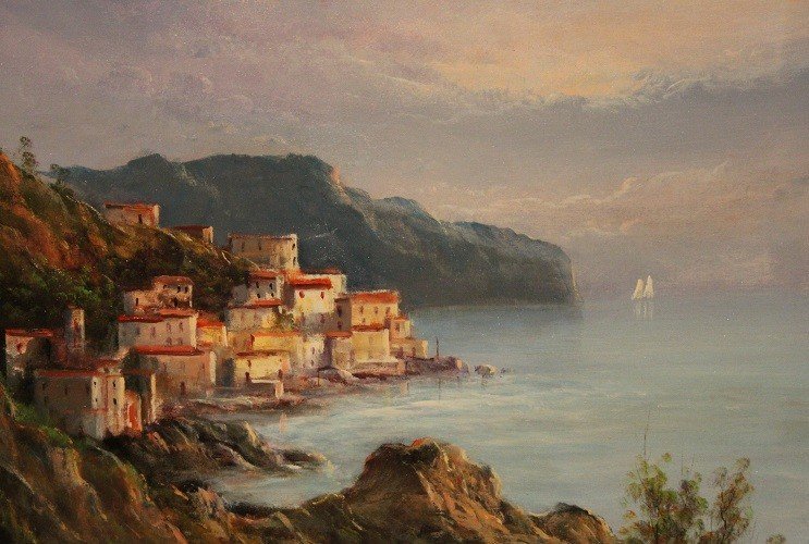 Italian Oil On Canvas From The Mid-20th Century Depicting The Amalfi Coast. Coastal Landscape -photo-4