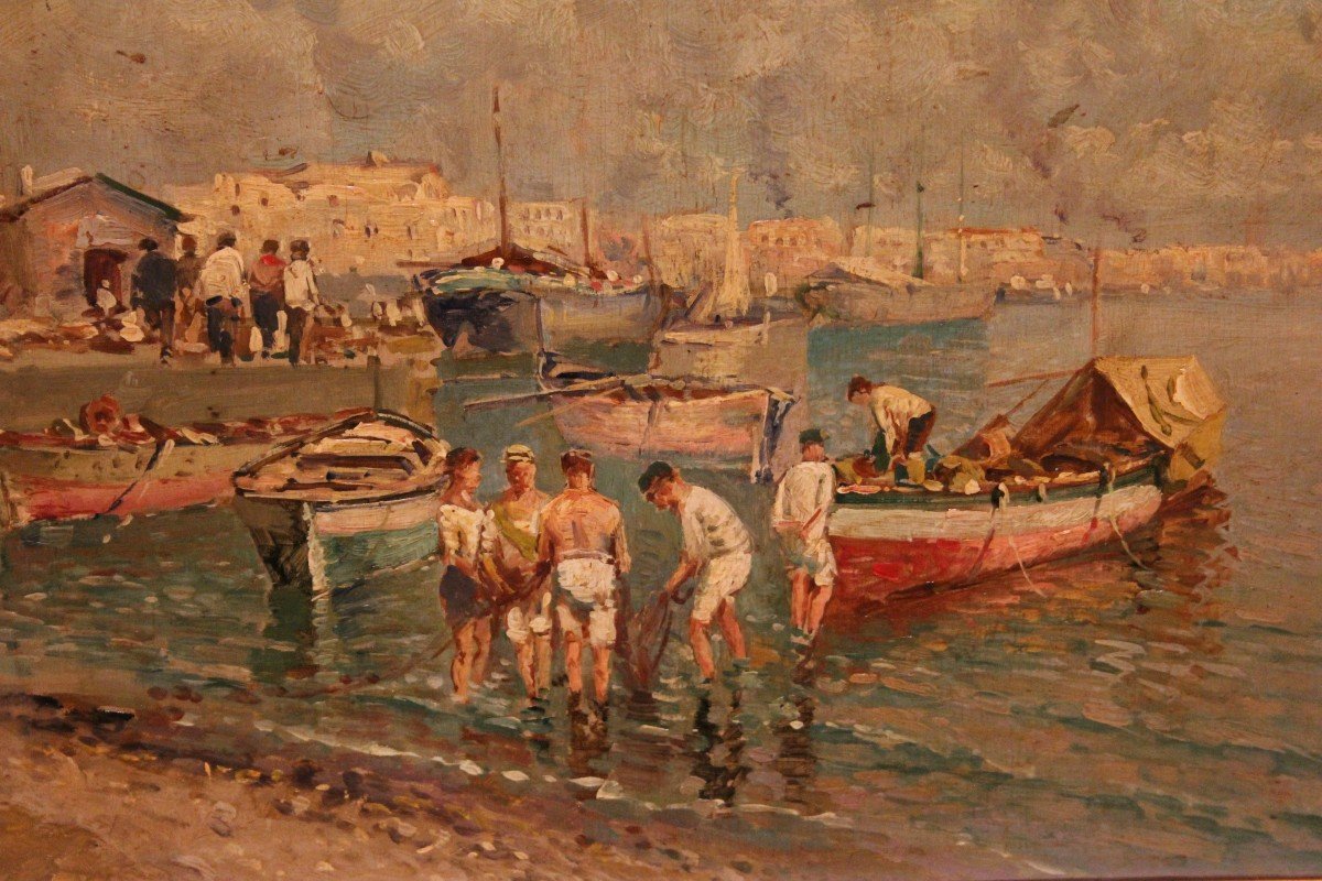 Huile Sur Bois Italienne Du XIXe Siècle Représentant Une Marine Avec Port Et Pêcheurs-photo-4