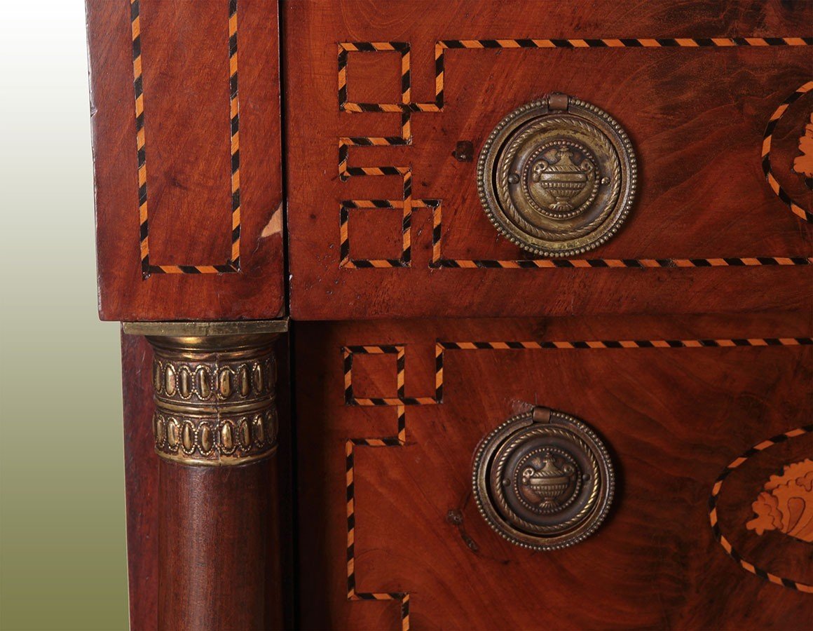 Empire Chest Of Drawers With Six Drawers, In Mahogany Feather With Dutch Inlays -photo-2