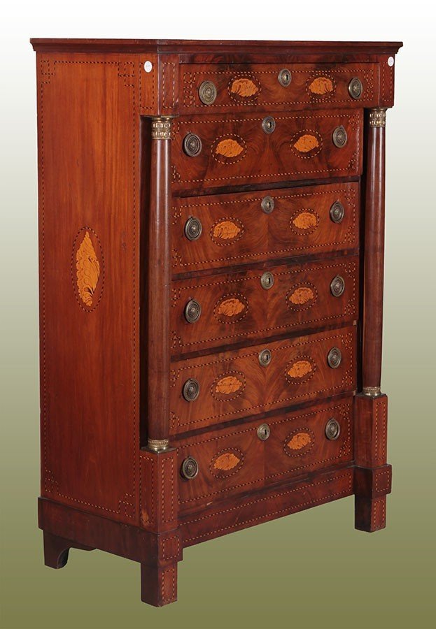 Empire Chest Of Drawers With Six Drawers, In Mahogany Feather With Dutch Inlays 