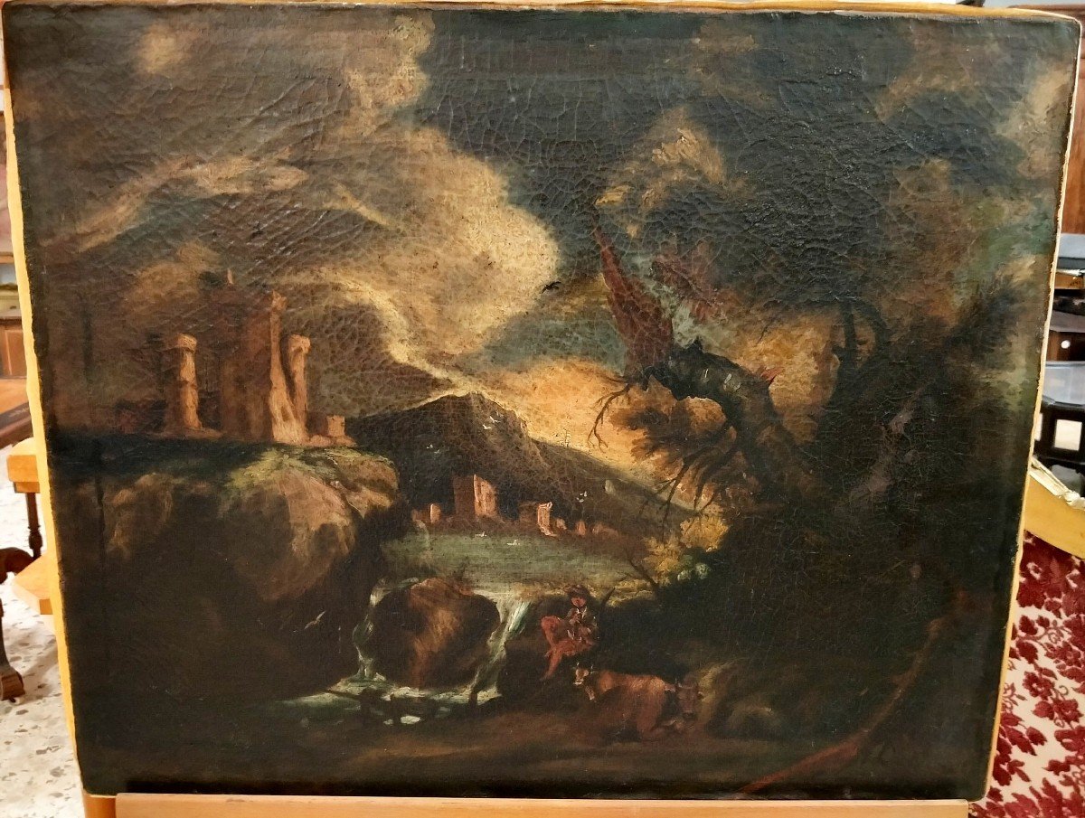 Huile Sur Toile Représentant Une Tour, Un Lac Et Des Ruines Italiennes Du XVIIe Siècle