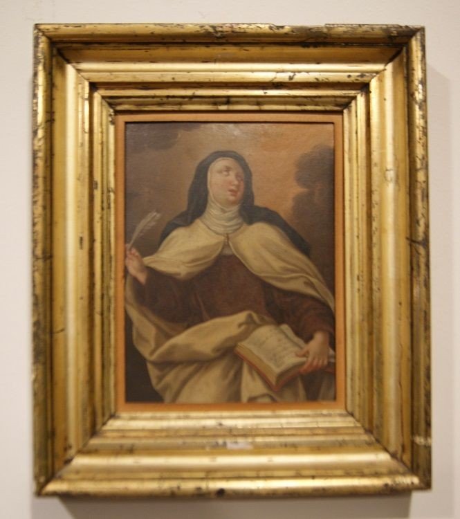 Huile Sur Cuivre Représentant Sainte Thérèse d'Avila Du Début Des Années 1800 Avec Un Cadre Dor