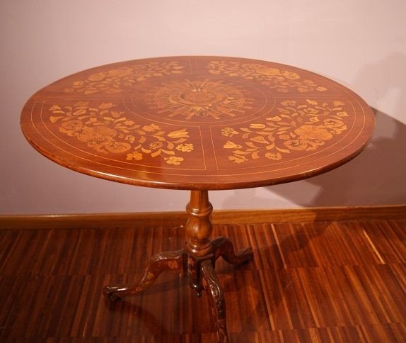 Circular Dutch Mahogany Sail Table. It Features Rich Maple Inlays On The Top And The Base